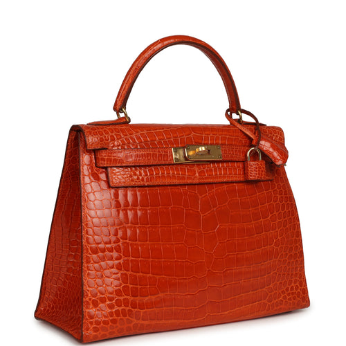 Vintage Hermes Kelly Sellier 28 Orange Shiny Porous Crocodile Gold Hardware
