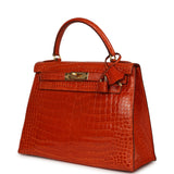 Vintage Hermes Kelly Sellier 28 Orange Shiny Porous Crocodile Gold Hardware - Thumbnail View 5