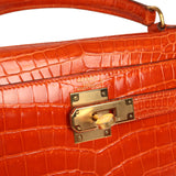 Vintage Hermes Kelly Sellier 28 Orange Shiny Porous Crocodile Gold Hardware - Thumbnail View 7