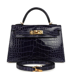 Hermes Kelly Sellier 20 Bleu Encre Shiny Alligator Gold Hardware