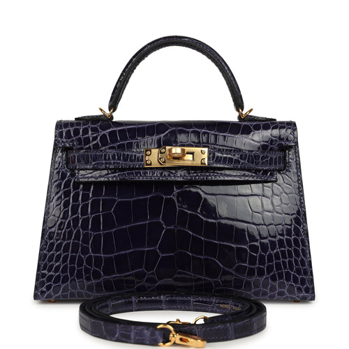 Hermes Kelly Sellier 20 Bleu Encre Shiny Alligator Gold Hardware