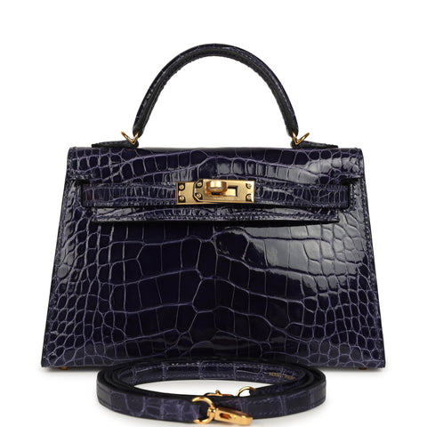 Hermes Kelly Sellier 20 Bleu Encre Shiny Alligator Gold Hardware