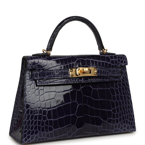 Hermes Kelly Sellier 20 Bleu Encre Shiny Alligator Gold Hardware