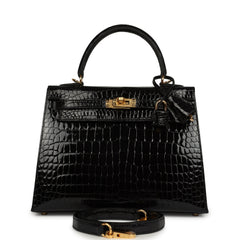 Hermes Kelly Sellier 25 Black Shiny Porosus Crocodile Gold Hardware