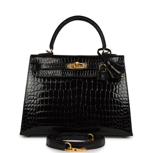 Hermes Kelly Sellier 25 Black Shiny Porosus Crocodile Gold Hardware