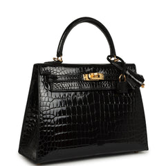 Hermes Kelly Sellier 25 Black Shiny Porosus Crocodile Gold Hardware