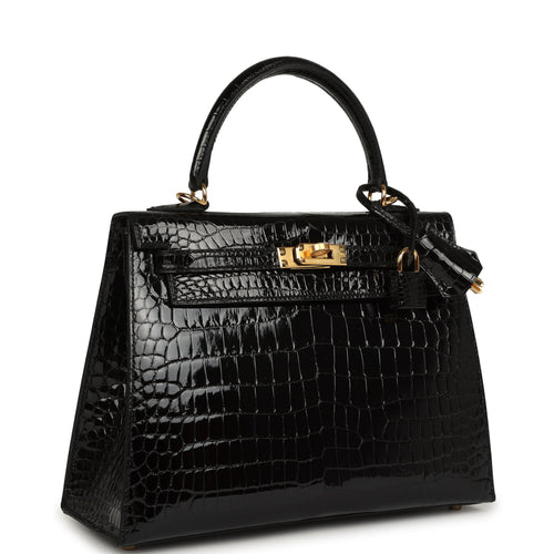 Hermes Kelly Sellier 25 Black Shiny Porosus Crocodile Gold Hardware