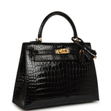 Hermes Kelly Sellier 25 Black Shiny Porosus Crocodile Gold Hardware - Thumbnail View 2