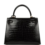 Hermes Kelly Sellier 25 Black Shiny Porosus Crocodile Gold Hardware - Thumbnail View 4