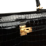 Hermes Kelly Sellier 25 Black Shiny Porosus Crocodile Gold Hardware - Thumbnail View 7
