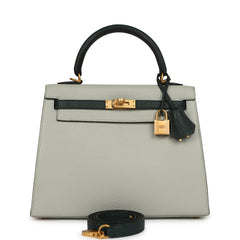 Pre-owned Hermes Special Order (HSS) Kelly Sellier 25 Gris Perle and Vert Titien Chevre Mysore Brushed Gold Hardware