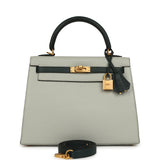 Pre-owned Hermes Special Order (HSS) Kelly Sellier 25 Gris Perle and Vert Titien Chevre Mysore Brushed Gold Hardware - Thumbnail View 1