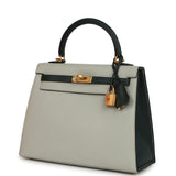 Pre-owned Hermes Special Order (HSS) Kelly Sellier 25 Gris Perle and Vert Titien Chevre Mysore Brushed Gold Hardware - Thumbnail View 5