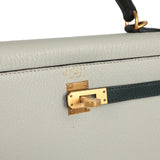 Pre-owned Hermes Special Order (HSS) Kelly Sellier 25 Gris Perle and Vert Titien Chevre Mysore Brushed Gold Hardware - Thumbnail View 7