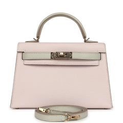 Hermes Special Order (HSS) Kelly Sellier 20 Mauve Pale and Gris Perle Chevre Mysore Permabrass Hardware