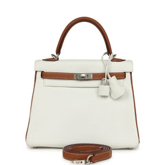 Hermes Special Order (HSS) Kelly Retourne 25 White and Gold Clemence Brushed Palladium Hardware
