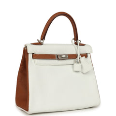 Hermes Special Order (HSS) Kelly Retourne 25 White and Gold Clemence Brushed Palladium Hardware
