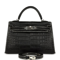 Hermes Special Order (HSS) Kelly Sellier 20 Black Matte Alligator Palladium Hardware