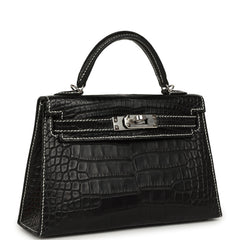 Hermes Special Order (HSS) Kelly Sellier 20 Black Matte Alligator Palladium Hardware