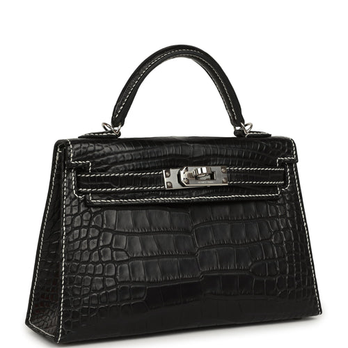Hermes Special Order (HSS) Kelly Sellier 20 Black Matte Alligator Palladium Hardware