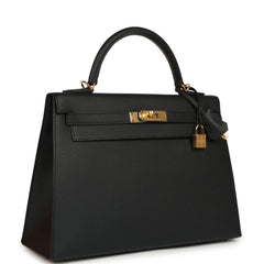 Pre-owned Hermes Kelly Sellier 32 Black Epsom Gold Hardware