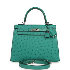 Pre-owned Hermes Kelly Sellier 25 Vert Verone Ostrich Palladium Hardware