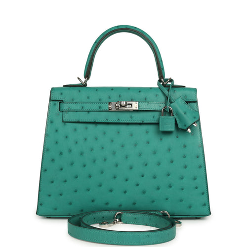 Pre-owned Hermes Kelly Sellier 25 Vert Verone Ostrich Palladium Hardware