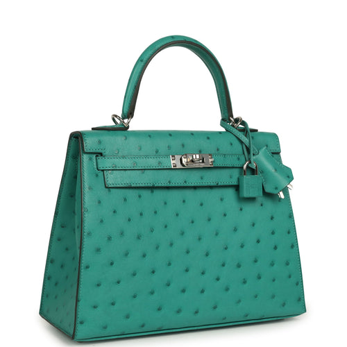 Pre-owned Hermes Kelly Sellier 25 Vert Verone Ostrich Palladium Hardware