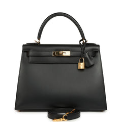 Pre-owned Hermes Kelly Sellier 28 Black Sombrero Gold Hardware