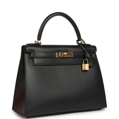 Pre-owned Hermes Kelly Sellier 28 Black Sombrero Gold Hardware