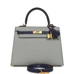Hermes Special Order (HSS) Kelly Sellier 25 Bleu Glacier and Bleu Saphir Epsom Gold Hardware
