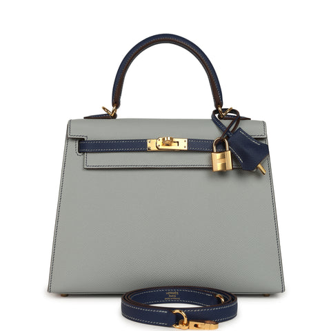 Hermes Special Order (HSS) Kelly Sellier 25 Bleu Glacier and Bleu Saphir Epsom Gold Hardware