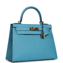 Pre-owned Hermes Kelly Sellier 28 Bleu Du Nord Epsom Gold Hardware