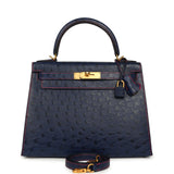 Pre-owned Hermes Special Order (HSS) Kelly Sellier 28 Bleu Iris Verso Ostrich Brushed Gold Hardware - Thumbnail View 1