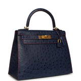 Pre-owned Hermes Special Order (HSS) Kelly Sellier 28 Bleu Iris Verso Ostrich Brushed Gold Hardware - Thumbnail View 2