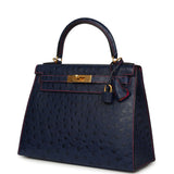 Pre-owned Hermes Special Order (HSS) Kelly Sellier 28 Bleu Iris Verso Ostrich Brushed Gold Hardware - Thumbnail View 5