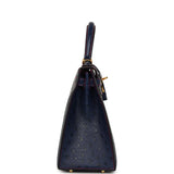 Pre-owned Hermes Special Order (HSS) Kelly Sellier 28 Bleu Iris Verso Ostrich Brushed Gold Hardware - Thumbnail View 3