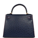 Pre-owned Hermes Special Order (HSS) Kelly Sellier 28 Bleu Iris Verso Ostrich Brushed Gold Hardware - Thumbnail View 4