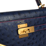 Pre-owned Hermes Special Order (HSS) Kelly Sellier 28 Bleu Iris Verso Ostrich Brushed Gold Hardware - Thumbnail View 7