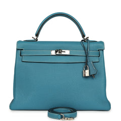 Vintage Hermes Kelly Retourne 32 Blue Jean Togo Palladium Hardware
