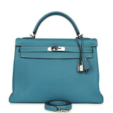 Vintage Hermes Kelly Retourne 32 Blue Jean Togo Palladium Hardware - Thumbnail View 1