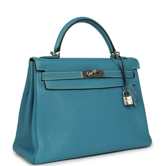 Vintage Hermes Kelly Retourne 32 Blue Jean Togo Palladium Hardware
