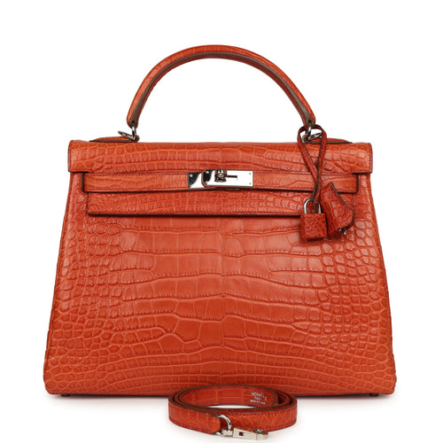 Pre-owned Hermes Kelly Retourne 32 Sanguine Matte Alligator Palladium Hardware