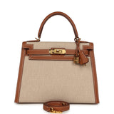 Pre-owned Hermes Kelly Sellier 28 Ecru-Beige Toile H Canvas, Gold Swift Gold Hardware - Thumbnail View 1