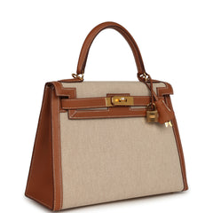 Pre-owned Hermes Kelly Sellier 28 Ecru-Beige Toile H Canvas, Gold Swift Gold Hardware