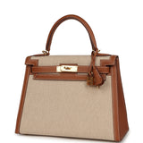 Pre-owned Hermes Kelly Sellier 28 Ecru-Beige Toile H Canvas, Gold Swift Gold Hardware - Thumbnail View 5
