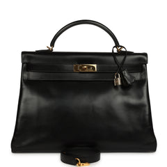 Vintage Hermes Kelly Retourne 40 Black Box Gold Hardware