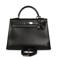 Vintage Hermes Kelly Sellier 32 Black Box Palladium Hardware