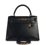 Vintage Hermes Kelly Sellier 28 Bleu Navy Box Gold Hardware - Thumbnail View 1