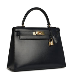 Vintage Hermes Kelly Sellier 28 Bleu Navy Box Gold Hardware